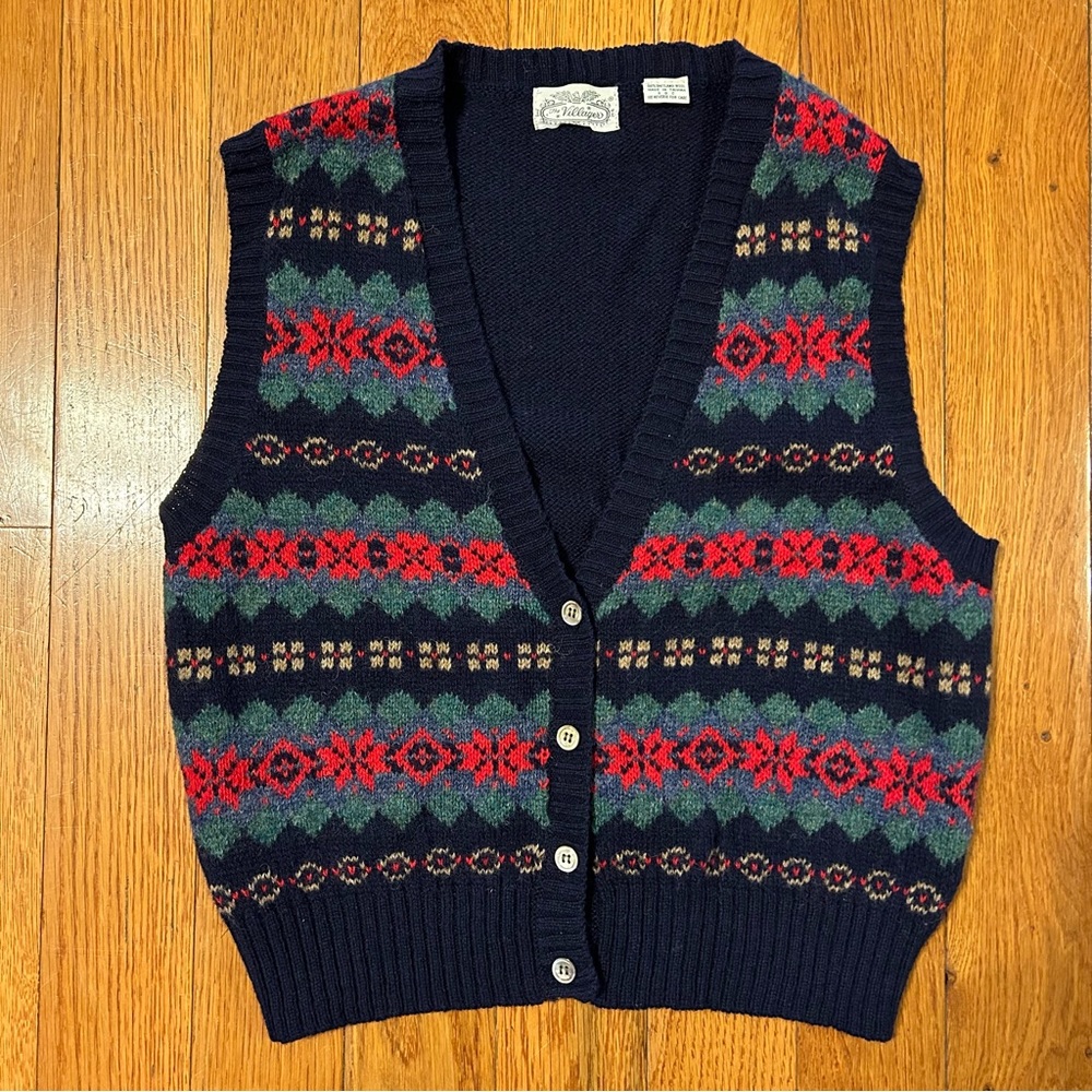 80s Shetland Wool Holiday Sweater Vest Red Green Small Vintage